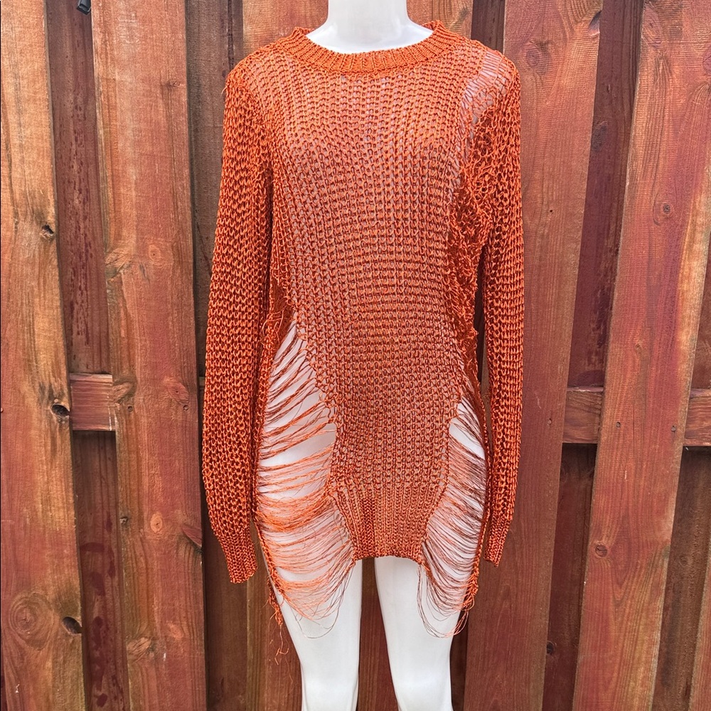 Women’s Orange Open-Knit Swim Coverup Sweater